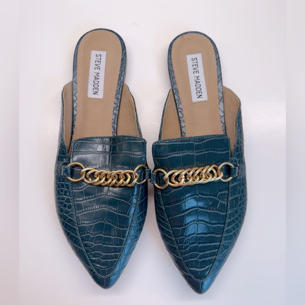 Steve Madden Teal Croc-Embossed Mules with Gold Chain